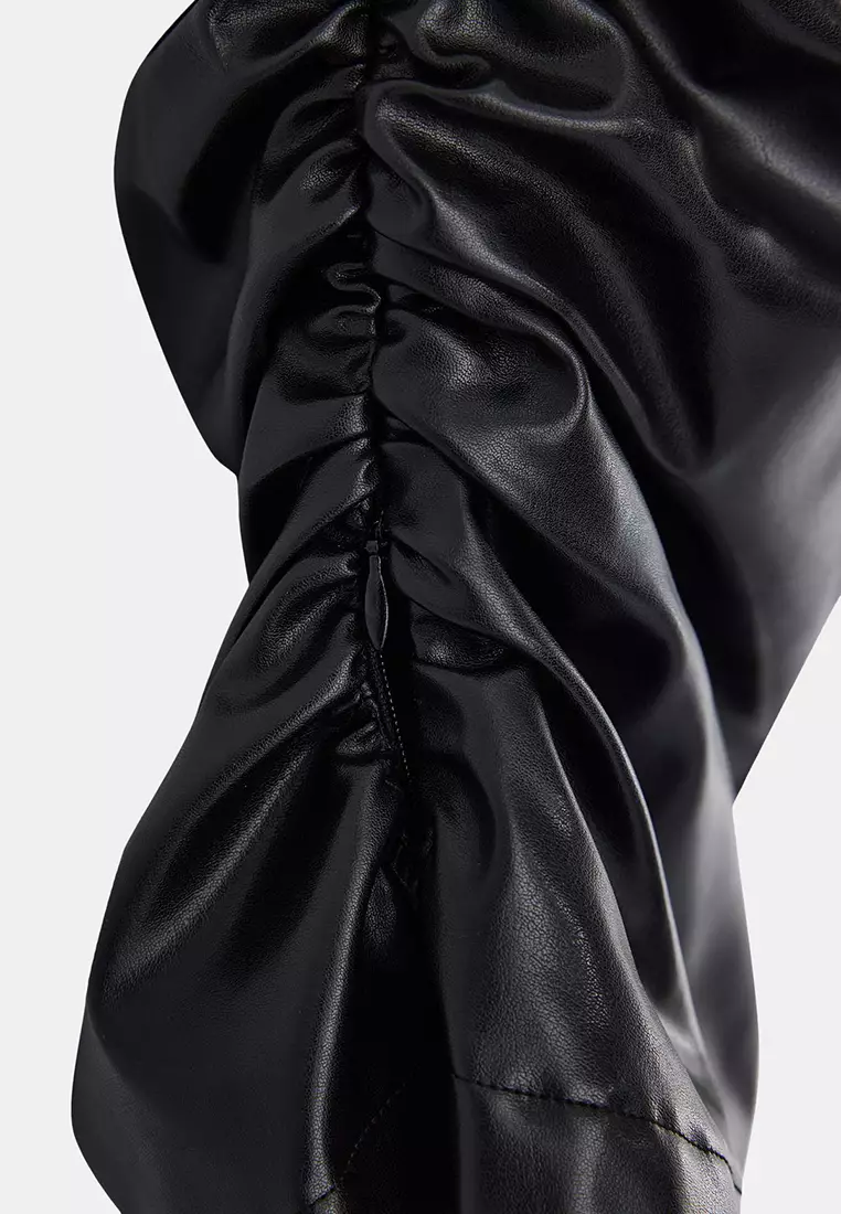Asymmetric Neckline Faux Leather Blouse