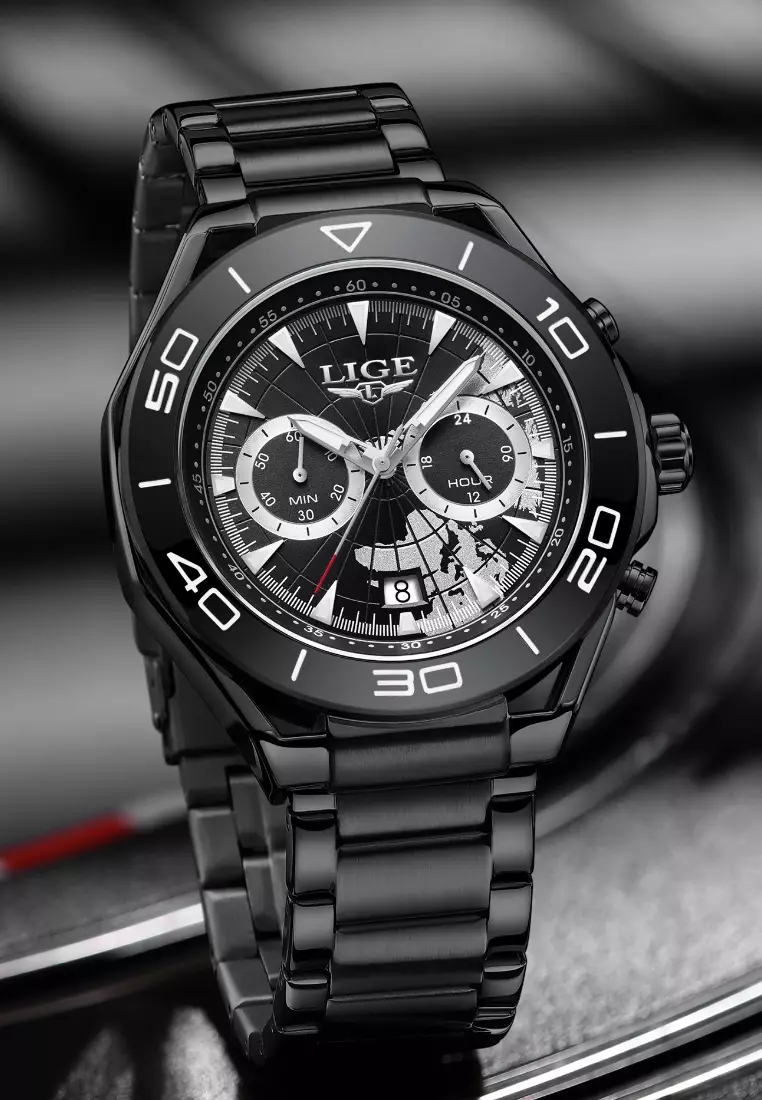 Chronograph Unisex IP Black Stainless Steel Quartz Watch, 48mm, stainless steel bracelet