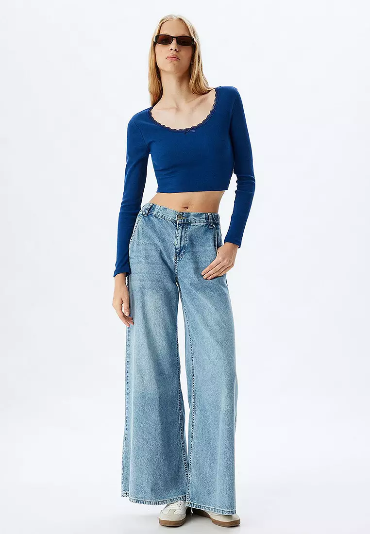 Crop T-Shirt Mit Cut-Out-Detail – Langarm, Gr. S, Grün, Maschinenwaschbar