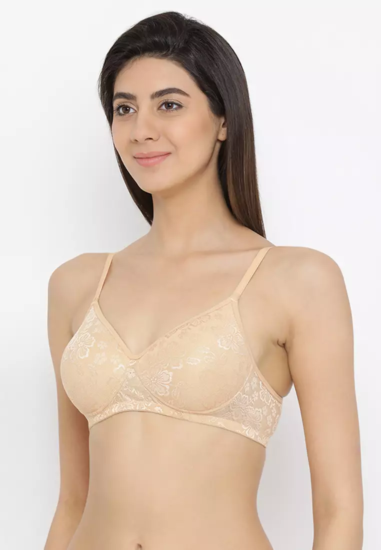 Lace Padded Non-Wired Full Coverage Bra in Nude