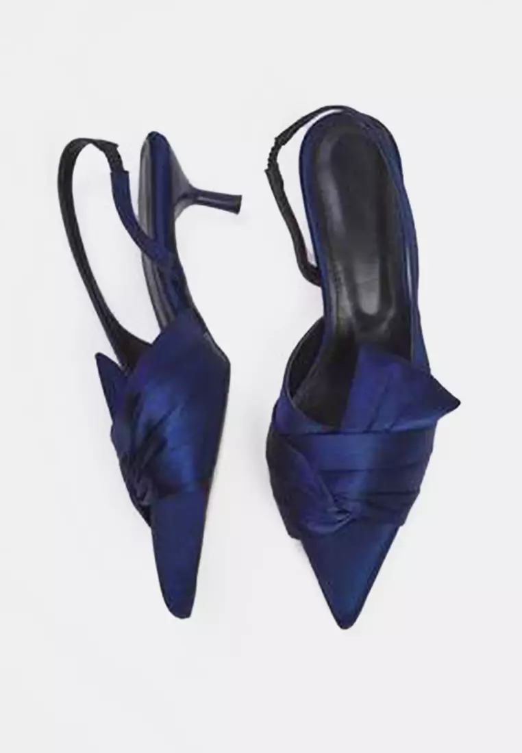 Navy Blue Satin Knot Detail Pointed Toe Women's Kitten Heels Shoes Takss25To00104
