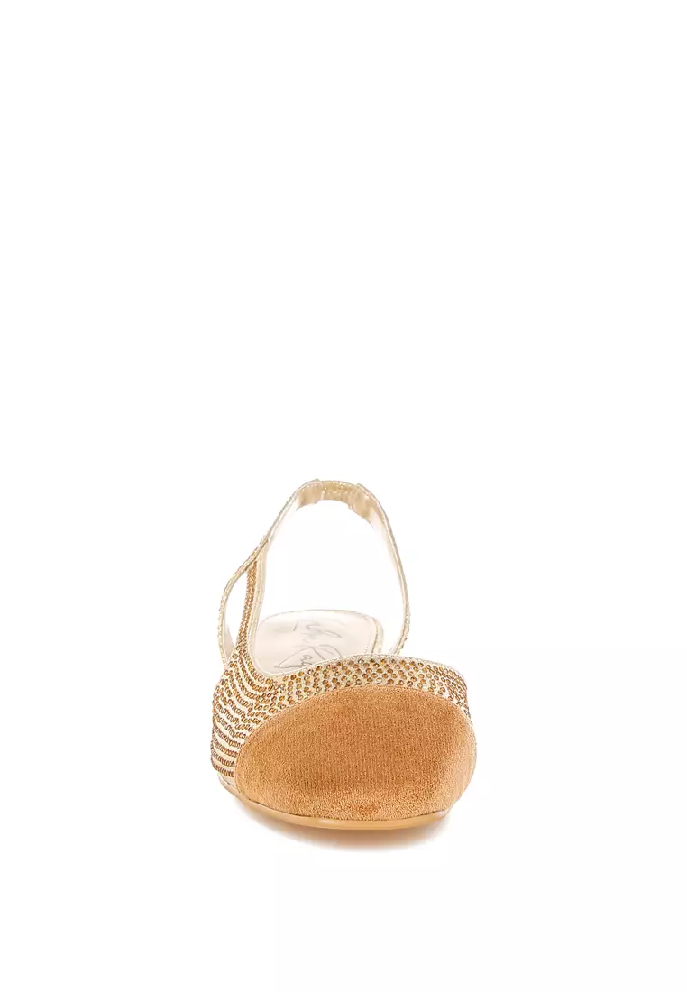 Rhinestone-Studded Glitter Flats in Gold