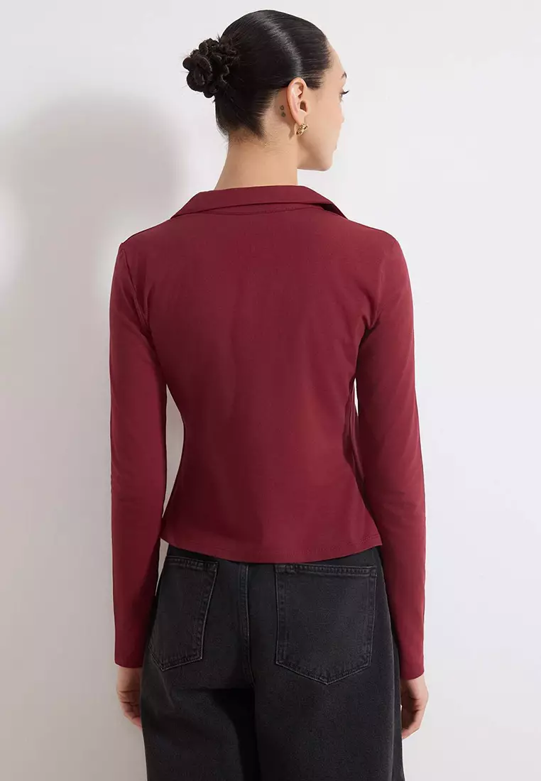 Burgundy Fitted Polo Neck Buttoned Drawstring Cotton Stretch Knit Blouse Twoss26Bz98