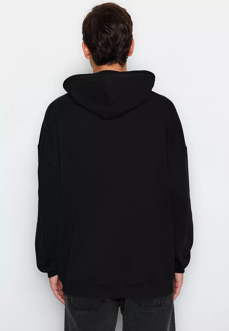 Black Oversize/Wide Cut Fleece Hooded Sweatshirt With Text Embroidery