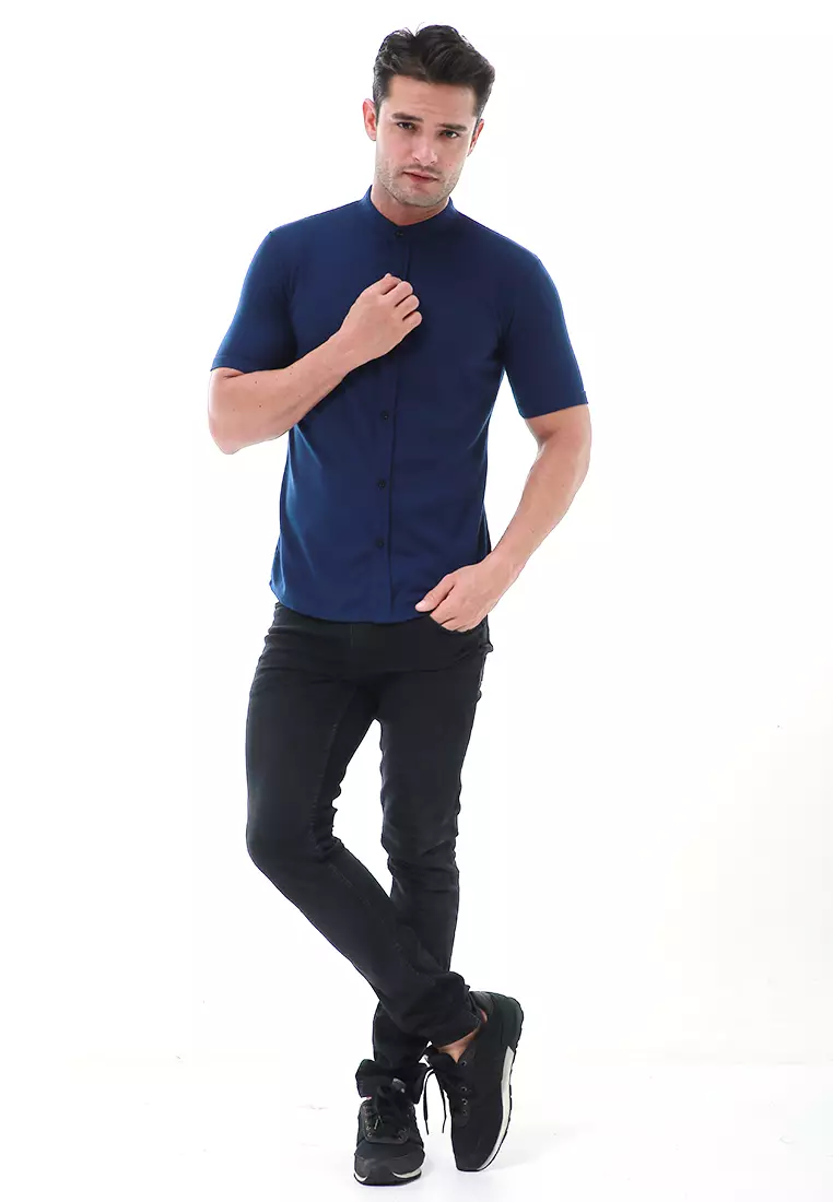 Leopold Atasan Pria Kemeja Kasual Slim Fit Lengan Pendek Motif Polos Material Cotton ORIGINAL - Navy