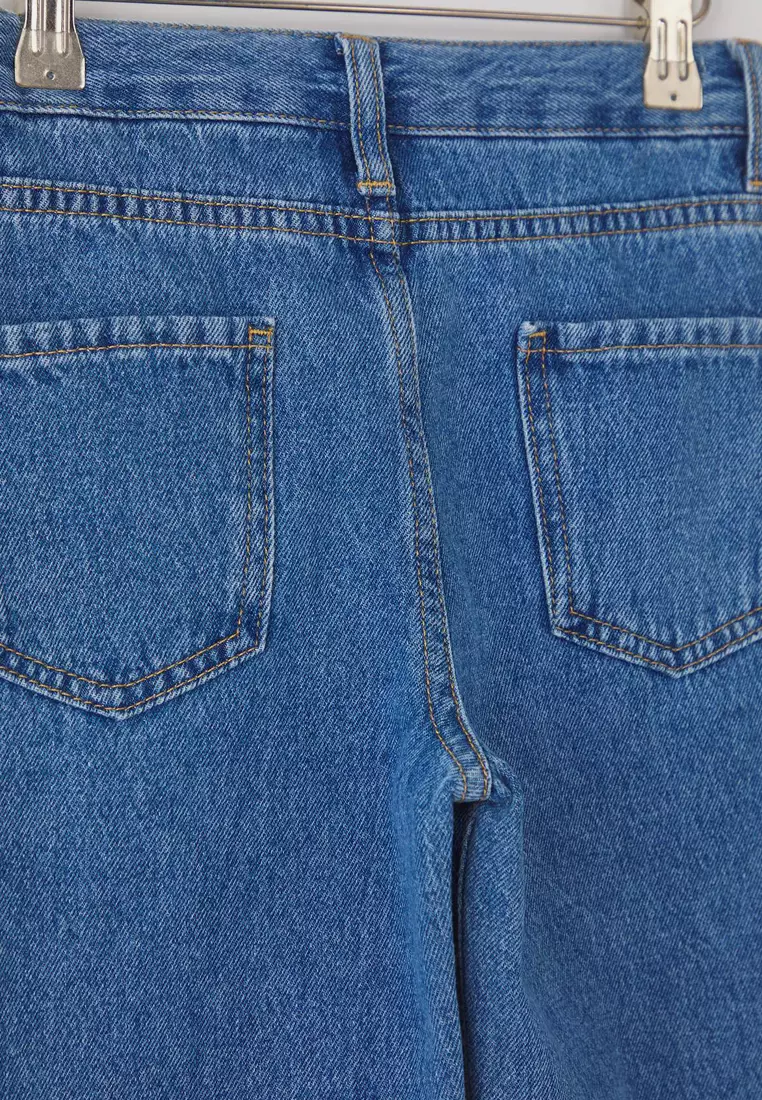 Blue Girl's Wide Leg Heart Pattern 100% Cotton Elastic Denim Pants Tkdaw25Pl0000
