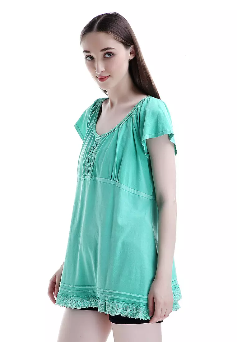 Zachery Blouse Short Sleeve Motif Solid Desain Classical Baju Atasan Wanita - Hijau