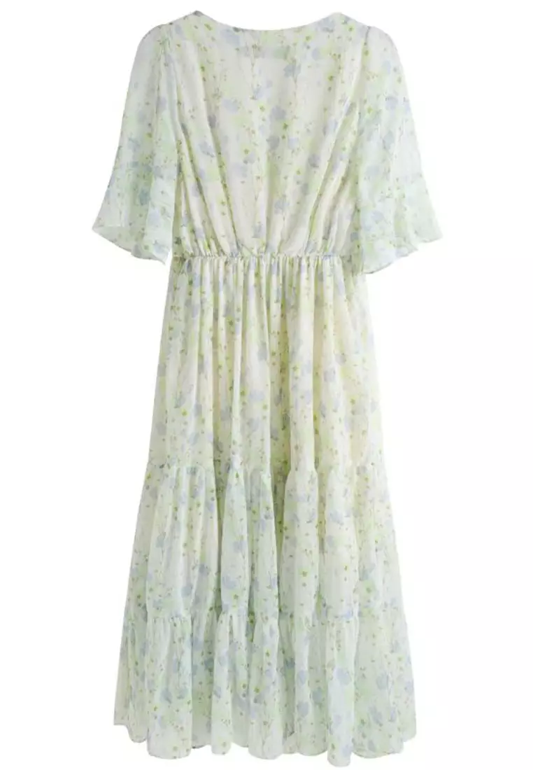 V Neck Floral Printed Dress