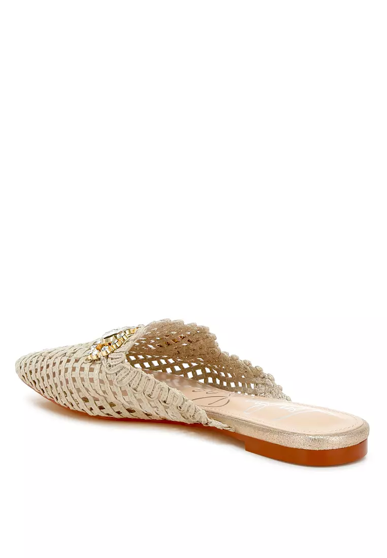 Metallic Woven Diamante Mules in Beige