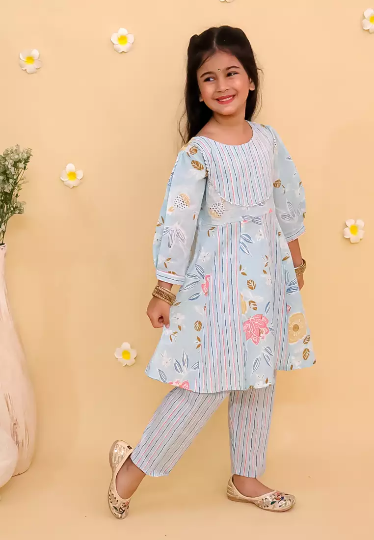 The Mom Store Megh Malhaar 女童花卉印花阿纳卡利库尔塔套装 - 多色