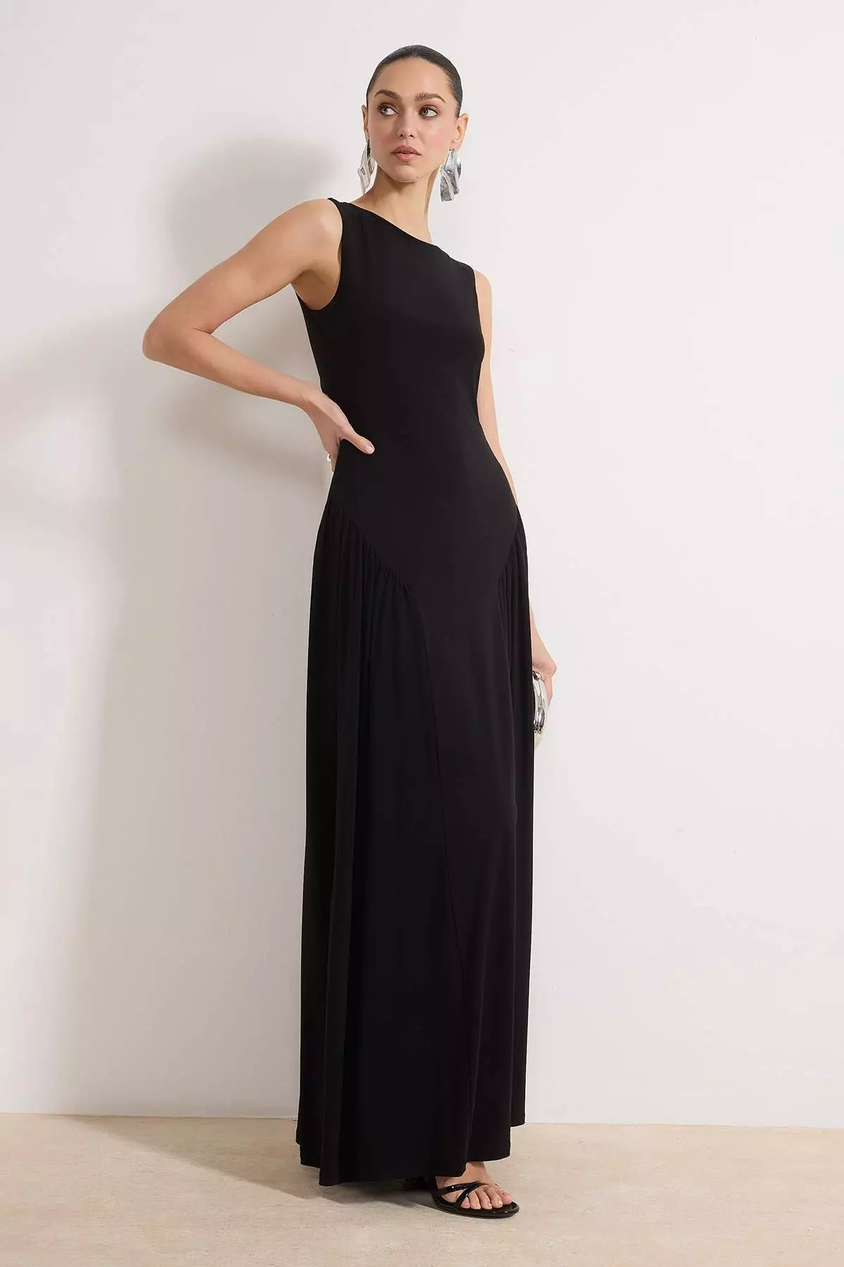 Black Back Detailed Knitted Maxi Evening Dress & Graduation Dress Tprss26Ae3