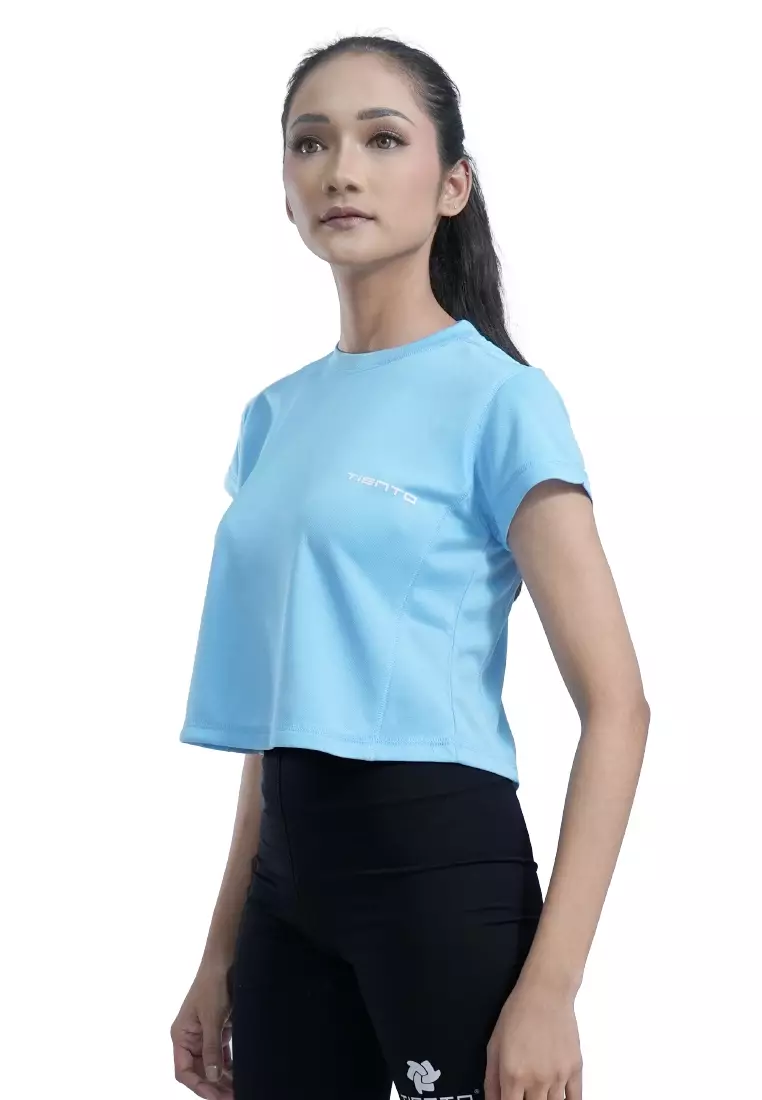 Tiento Baju Olahraga Wanita Crop Top Shirt Kaos Lengan Pendek Running Gym Lari Yoga Pound Fit