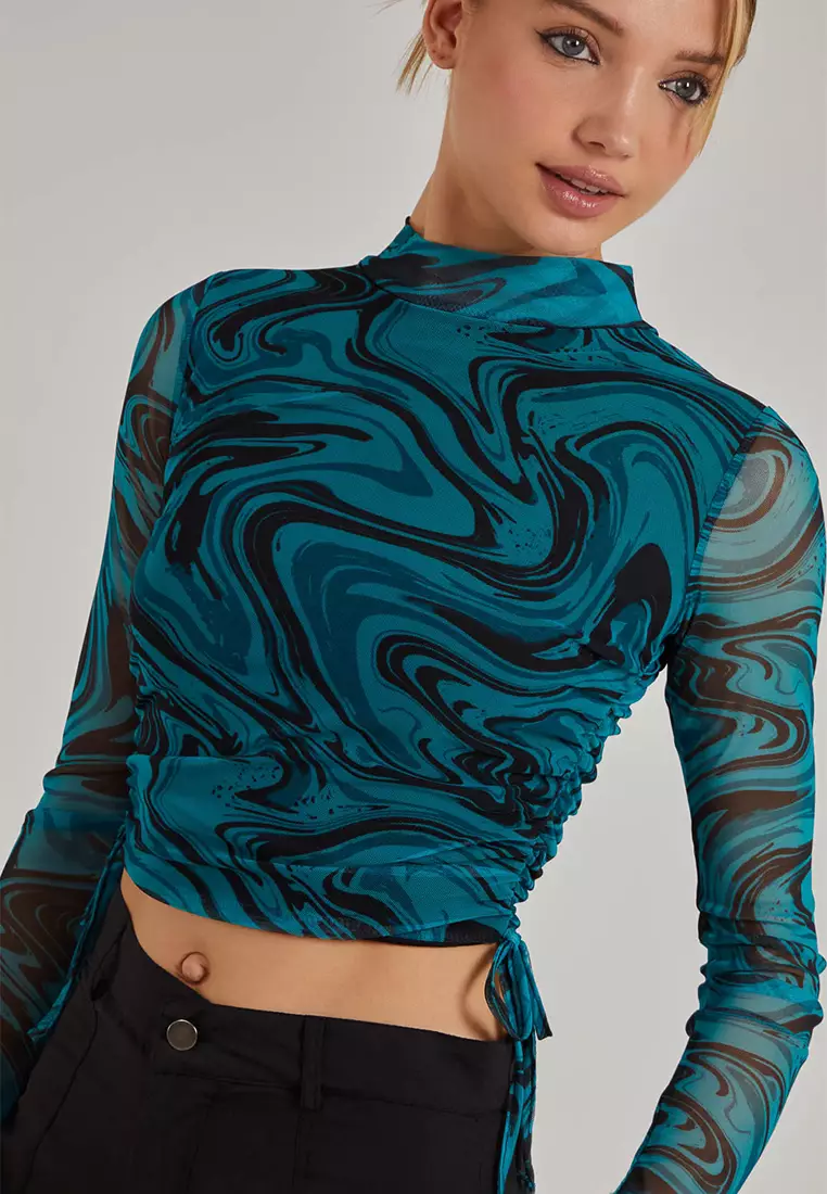 Pink Vanilla Teal Marble Print Long Sleeve Top