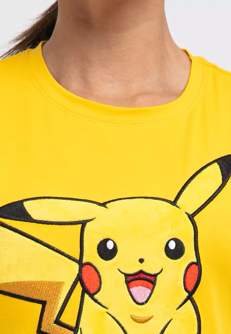 Forest X Pokemon Ladies Coral Fleece Textured Embroidered Pikachu Round Neck Tshirt Women - FP821000-65Yellow