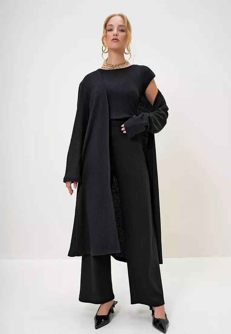 Bike Neck Blouse Trousers and Cardigan Set Suit