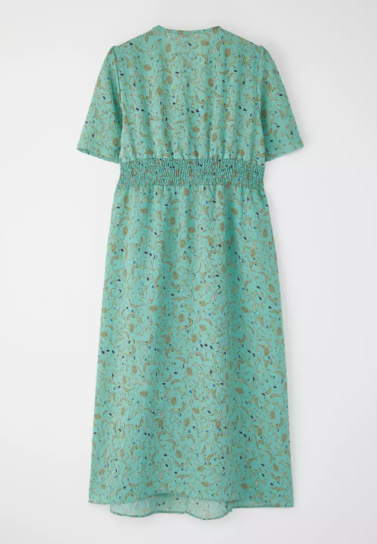 Green Floral A-Line Gipel Midi Woven Dress TWOSS25EL00115