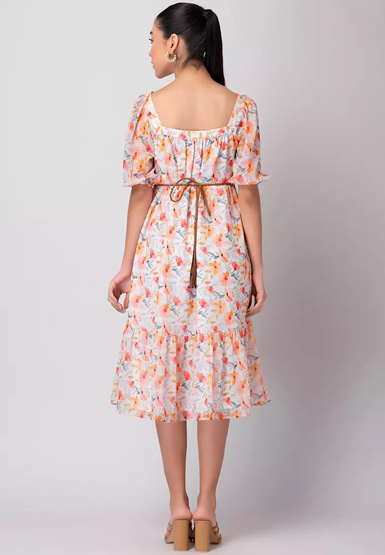 White Floral Print Puff Sleeve Tiered Maxi Dress With Belt