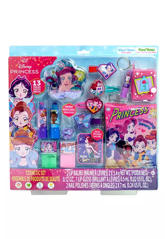 Disney Princess Anime Cosmetic Set with Lip Gloss, Hair Clip, Hair Brush, Nail File with Free Bag and Notebook – Plant and Water Based Makeup Toy for Kids Ages 3 and Up