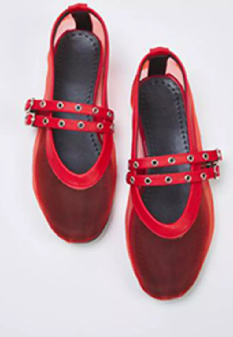Red Mesh Detailed Eyelet Belt Buckle Mary Jane Women's Ballerina Flats Takss25Be00046