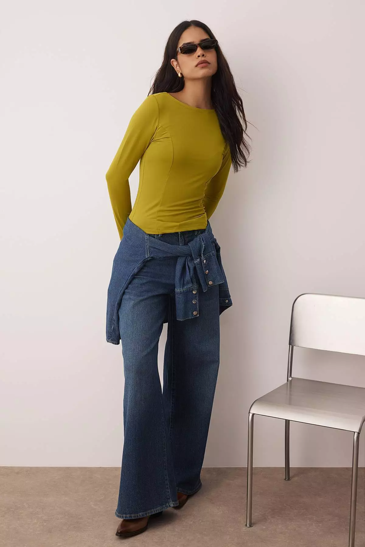 Oil Green Fitted Long Sleeve Boat Neck Flexible Knitted Blouse Twoaw26Bz00108