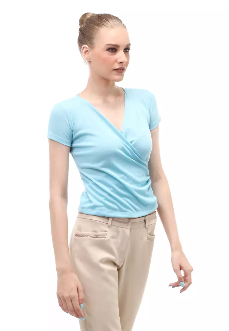 Blouse Atasan Wanita Short Sleeves Kerah V-neck Design Simple Elegant - Blue