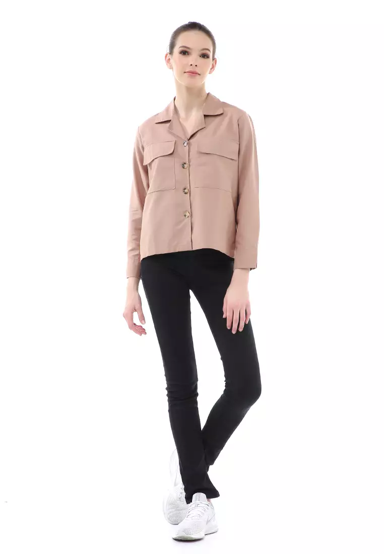 Brielle Atasan Wanita Kemeja Pocket Plain Motive Lengan Panjang Material Linen ORIGINAL - Brown