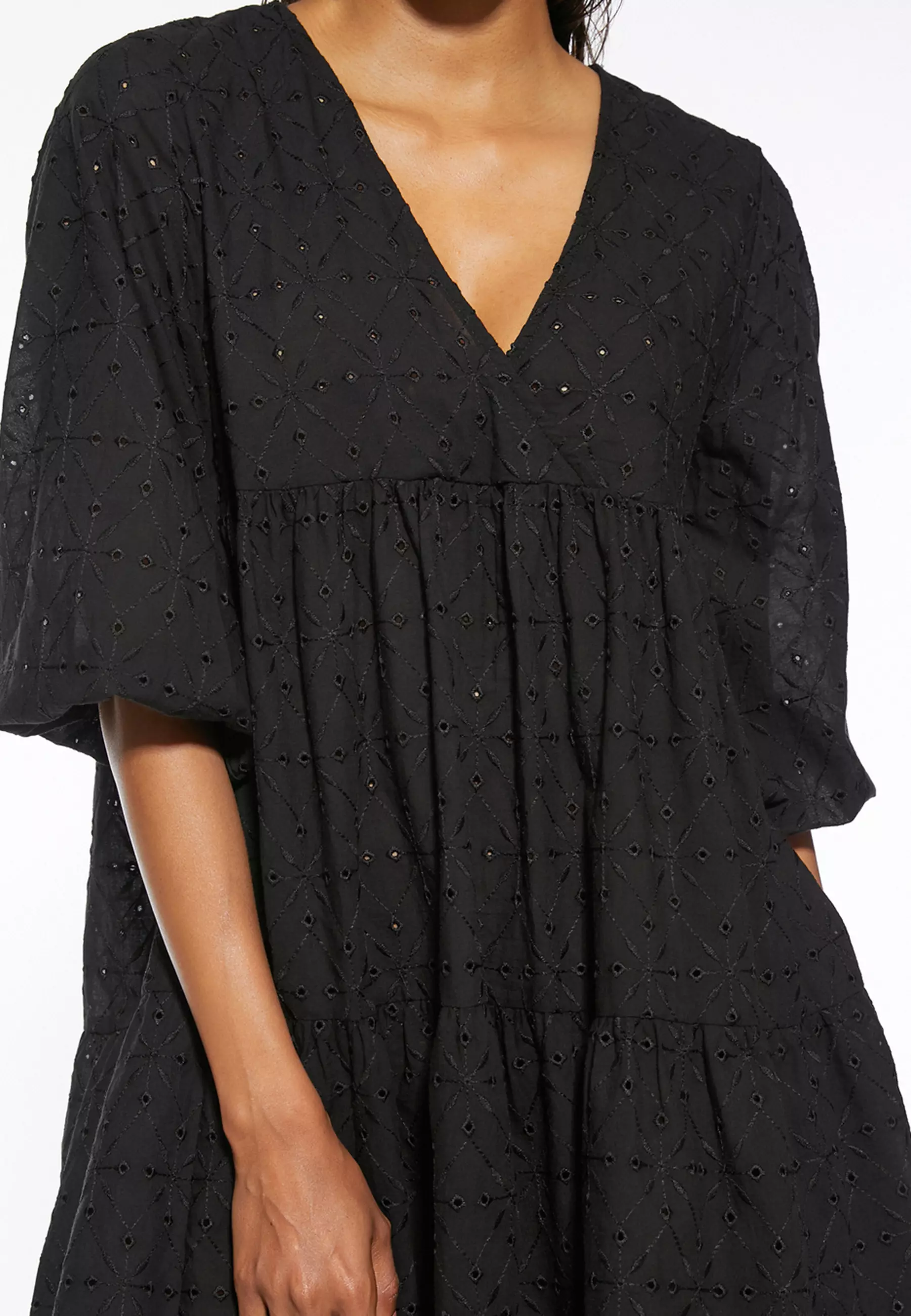 Embroidered Balloon Sleeves V-Neck Mini Beach Dress