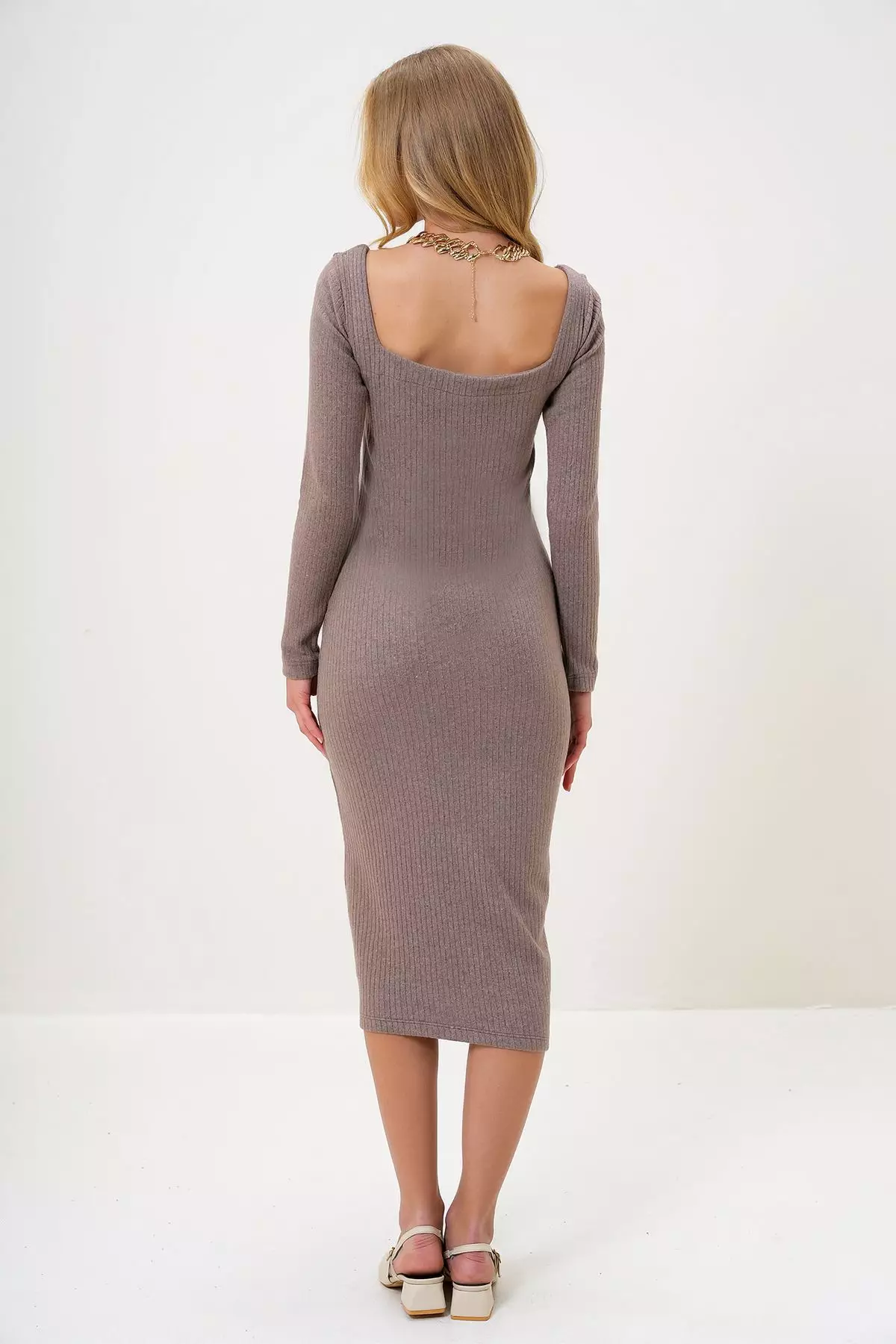 Women's Mink Square Neck Long Sleeve Midi Length Interlock Fabric Dress