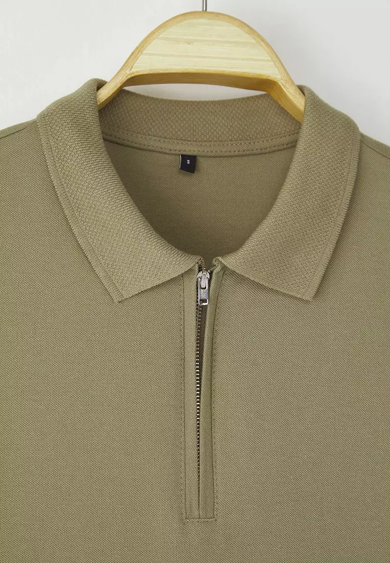 Khaki Regular/Normal Cut Zippered 100% Cotton Polo Neck T-Shirt