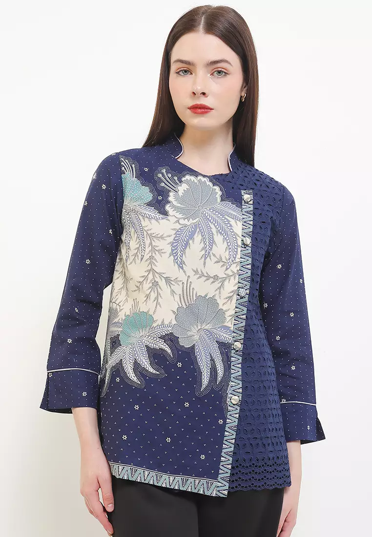 Blouse Atasan Batik Wanita Hera Katun Embroidery Premium Lining Panjang Navy
