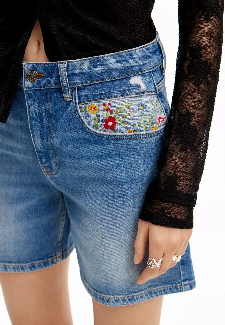 Desigual Woman Embroidered denim shorts.