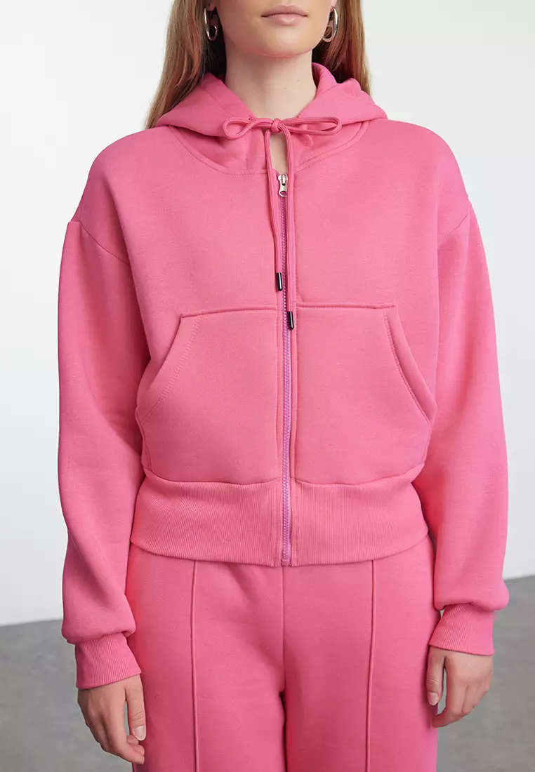 Pink 3-Piece Fleece Hooded Relaxed Knitted Tracksuit Set Twoaw25Em00007