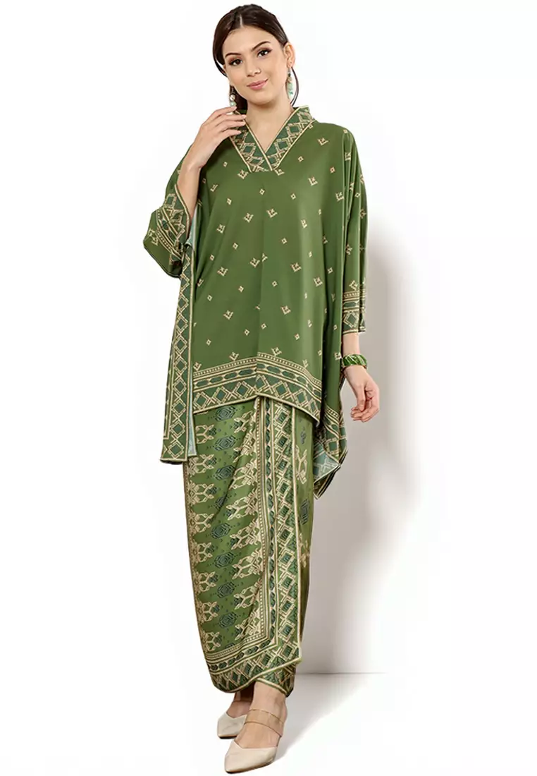 Olive Ikat V-neck Sarong Set