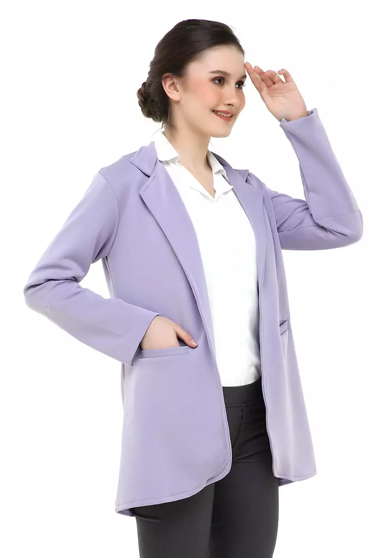 Qemsya Blazer Wanita Two Pockets Two Tone Casual Longsleeve Outer Material Bubbly Strecth ORIGINAL - Lilac