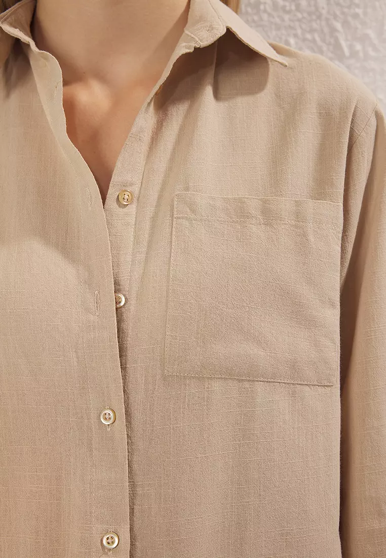Mink Cotton Blended Linen Look Oversize Wide Fit Woven Shirt Twoss25Go00096
