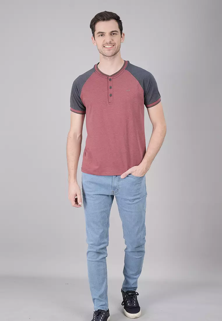 LGS - Kaos Casual Pria - Kerah Henley - Lengan Pendek - Merah Maroon - Slim Fit - JPS.321.C3111F.03.C