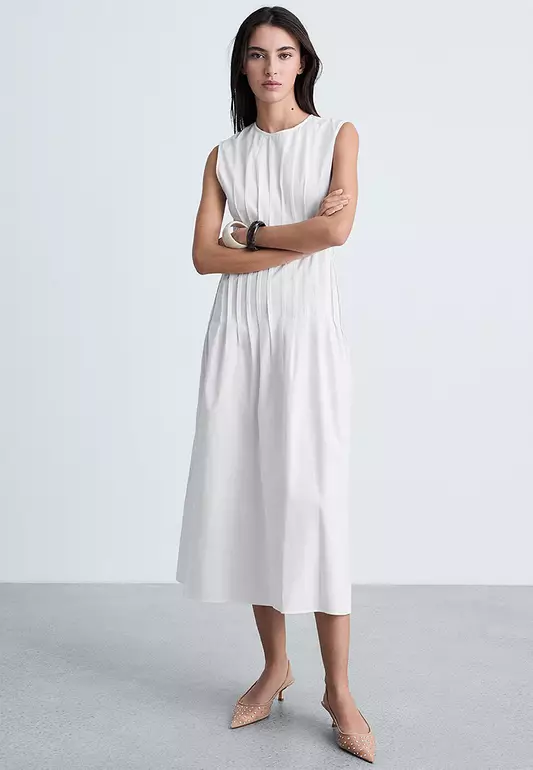 Cotton Pleated Midi-Dress