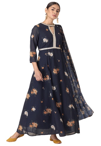 Indya navy Navy Floral Kurta with Attached Dupatta 591D2AA6E2F06EGS_1