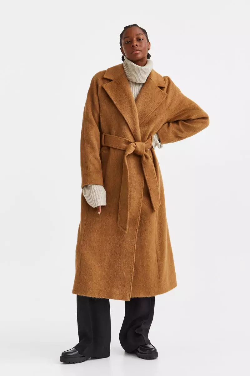 Wool coat with outlet tie belt