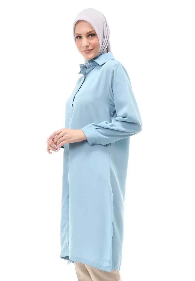 Septiyani Tunik Atasan Wanita Motif Polos Long Sleeve Regular Fit - Denim