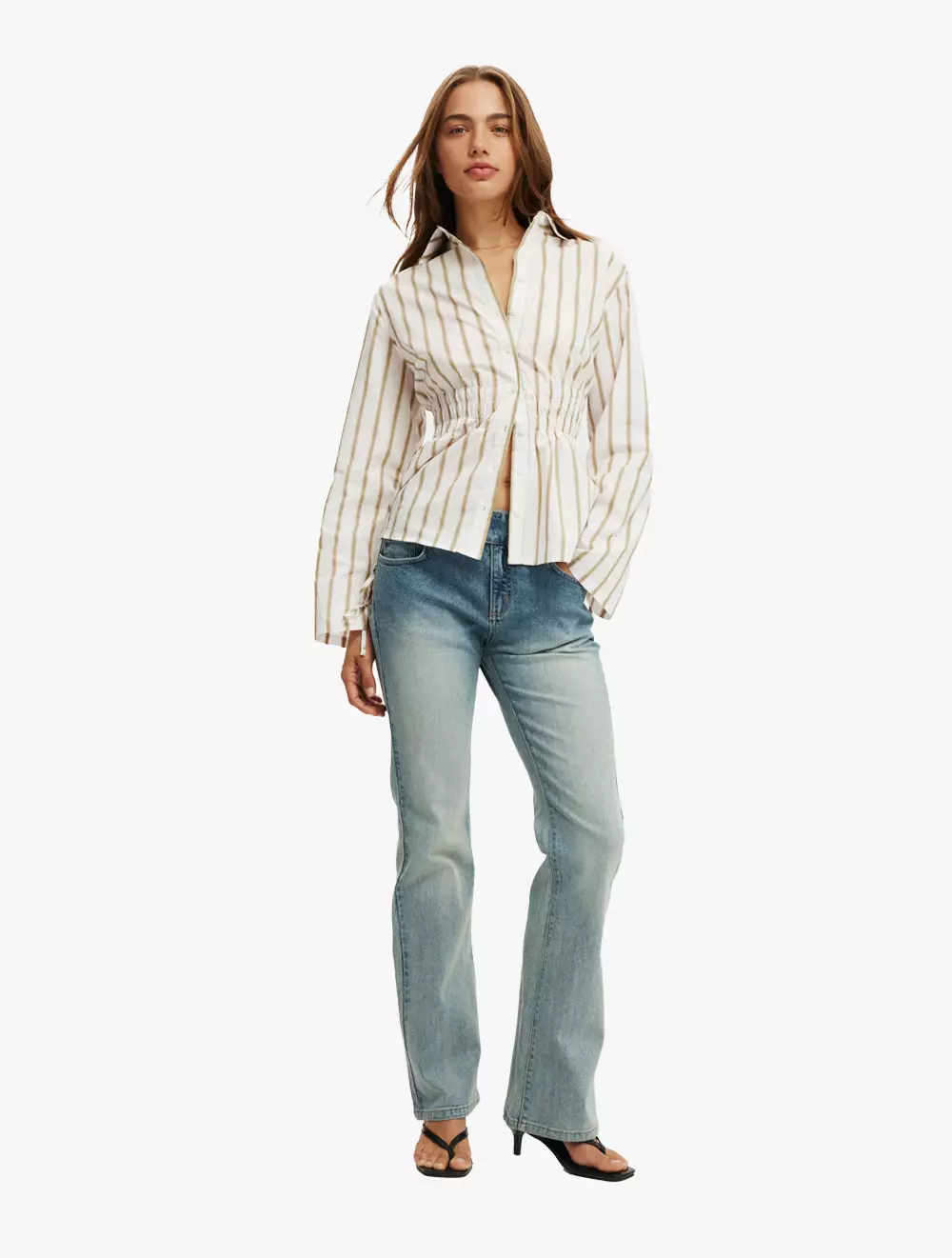 COTTON ON - ATASAN - GATHERED LONG SLEEVE SHIRT - COOL KHAKI STRIPE