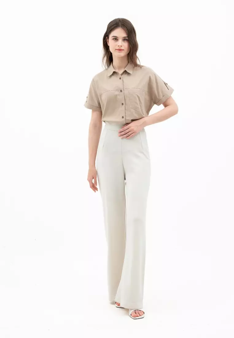 Urban Exchange Alisha Shirt Latte - Atasan Kemeja Wanita Lengan Pendek Warna Latte