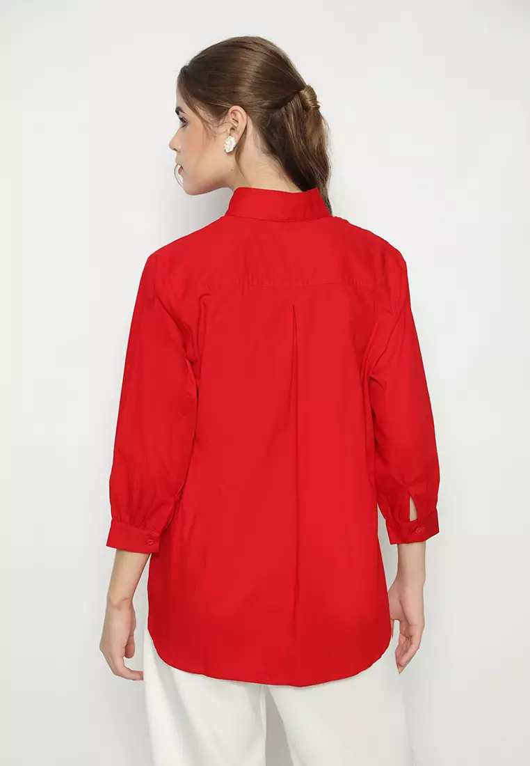 Sanghai Shirt Material Cotton In Red And Green By Brilliant Girl Warna MERAH