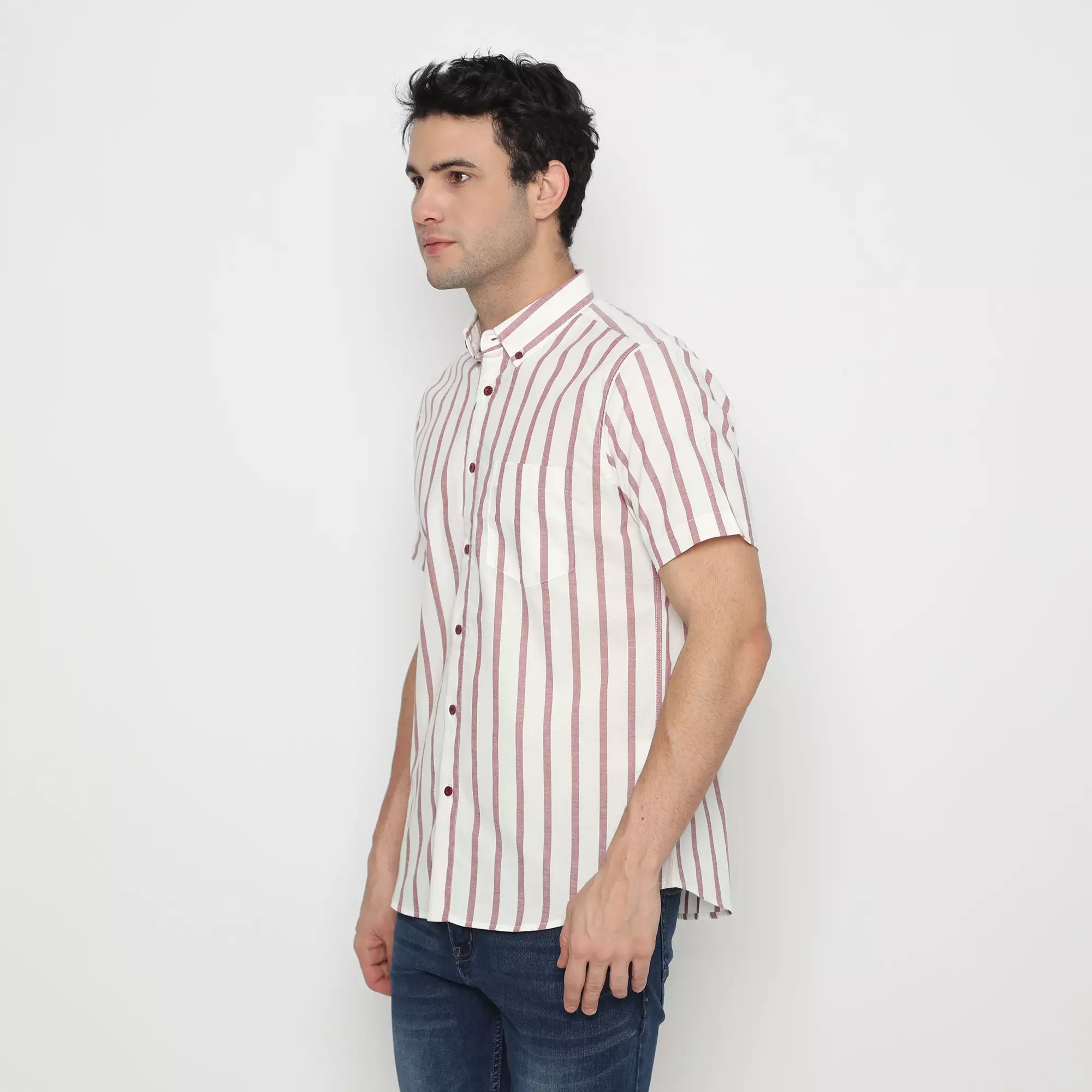 Platini Kemeja Motif Salur Pria Lengan Pendek Katun Oxford Maroon 73272