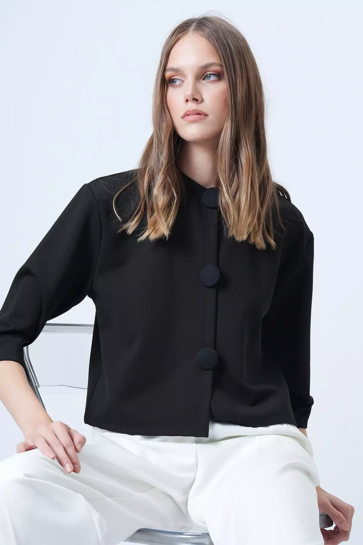 Black Coated Buttoned Crew Neck Special Design Crop Jacket Alc-X14647