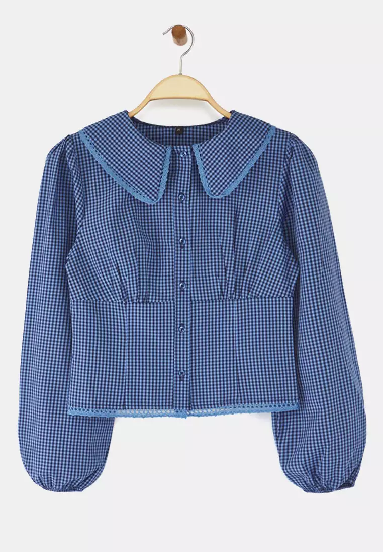 Teen Baby Collar Detailed Plaid Waist-Sit Blue Shirt