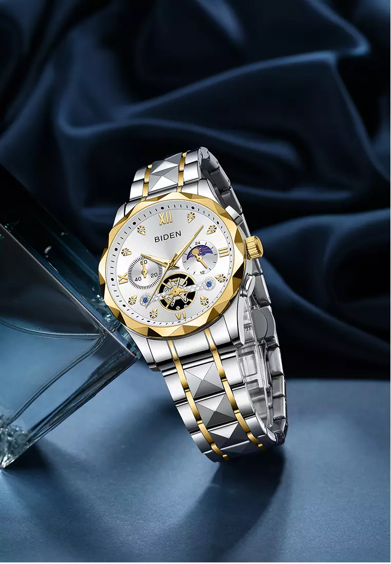 Jam Tangan Pria Multifungsi Mewah Tali Stainless Steel Anti Air Jam Tangan Cowok silvergold