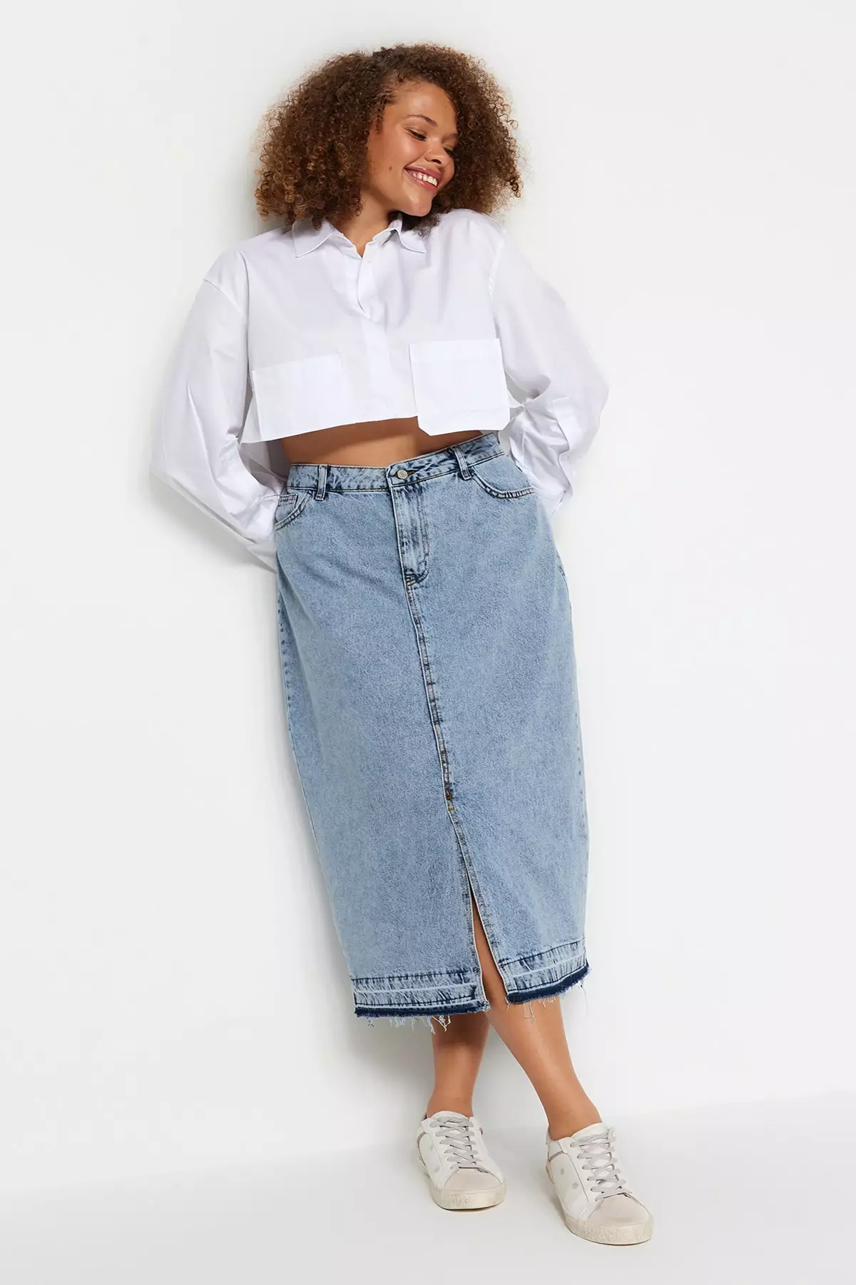 Plus Size High Waist Denim Midi Skirt