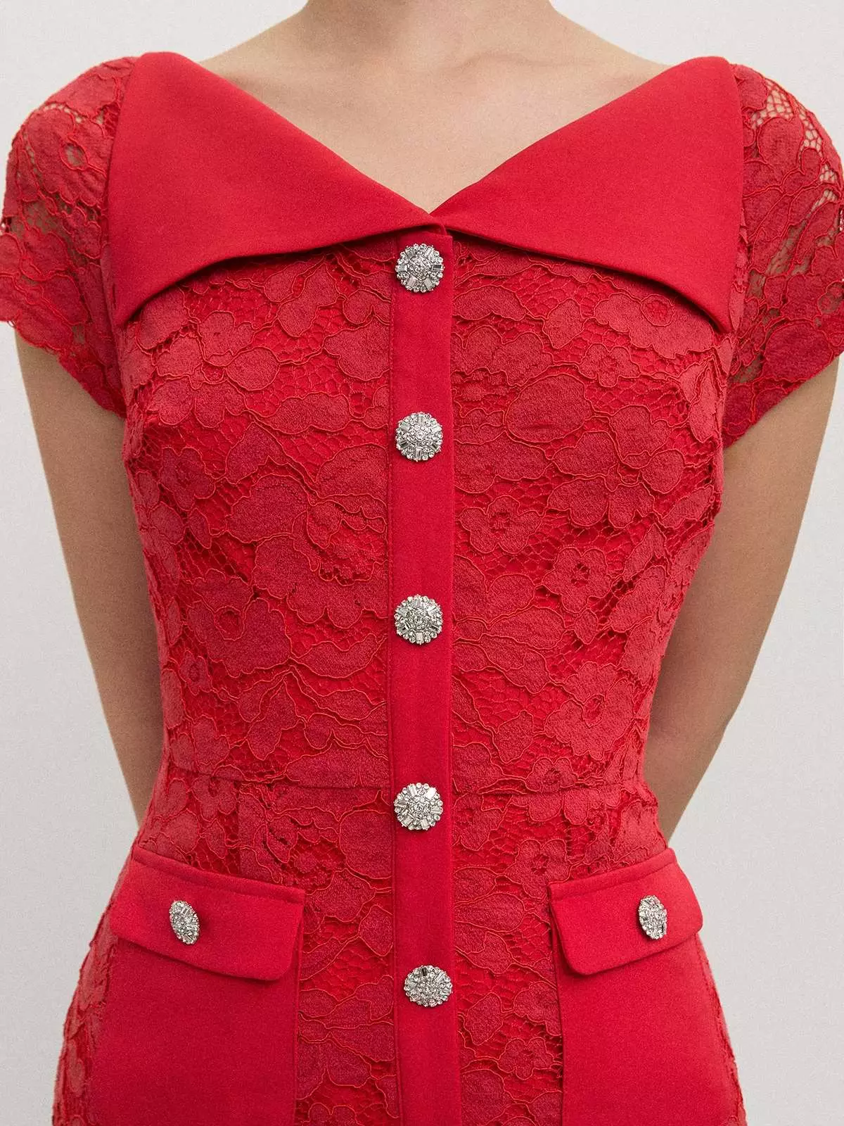 Lace Button-Up Midi Dress - Red