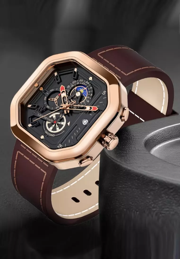 Unisex Chronograph Octogonal IP Pink Steel Quartz Watch on brown leather strap